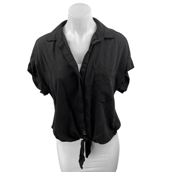 Cloth & Stone Black Collared Short Sleeve Button Down Crop Blouse Shirt Top Sz S - Picture 1 of 3